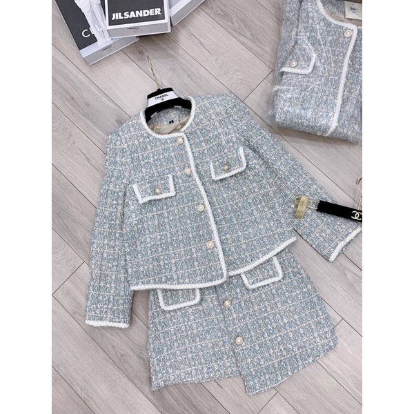 Set Dạ tweed cúc đồng chất dạ dày dặn 2 lớp ,màu xanh siêu đẹp( không kèm áo somi)