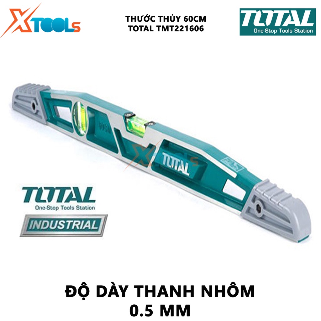 Thước thủy TOTAL TMT221606 | thước nivo Khối lượng 0.5kg, Độ dày thanh nhôm 0.5mm, Chiều dài 600mm đo góc nghiêng, độ ng