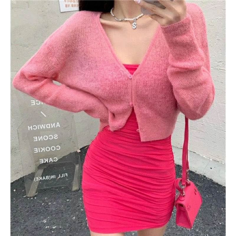 Áo Cardigan Dệt Kim Tay Dài Cổ Chữ V Màu Sắc Ngọt Ngào Phong Cách Nhật Bản Cho Nữ