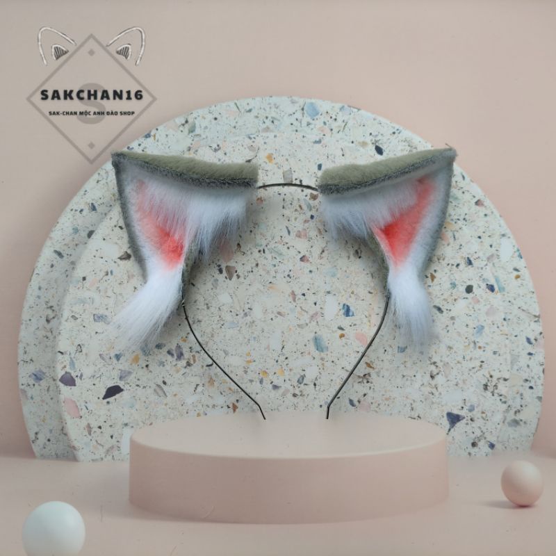 Bộ tai và đuôi của cáo xám cosplay, đuôi có dây ruy băng cột quanh eo