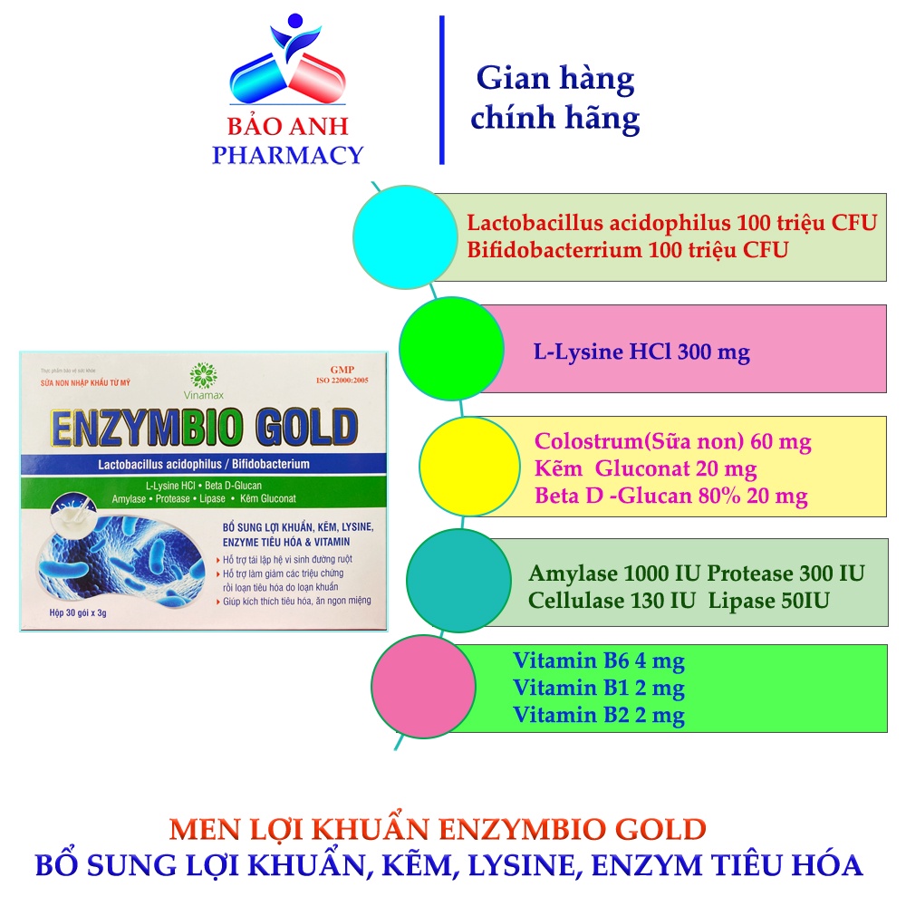 Men vi sinh Enzymbio Gold bổ sung Lợi khuẩn, kẽm, Lysine, Enzym tiêu hóa và Vitamin giúp tái lập hệ vi sinh đường ruột