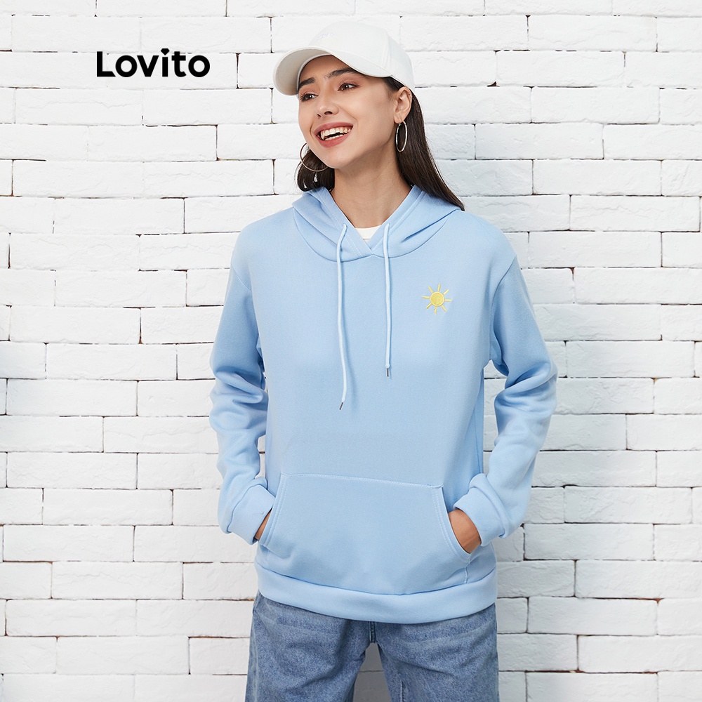 Áo sweatshirt Lovito có mũ trùm đầu phối dây rút họa tiết đơn giản L07181 (màu xanh dương nhạt) | BigBuy360 - bigbuy360.vn