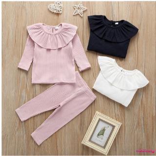 Bộ áo thun tay dài cổ cánh sen cùng quần ống dài trơn màu dành cho các bé gái