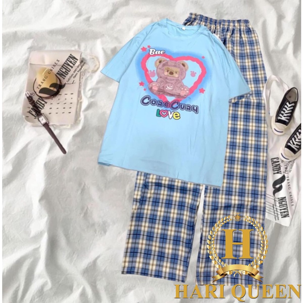 Sét áo phông gấu Bea Love xanh + quần HARIQUEEN