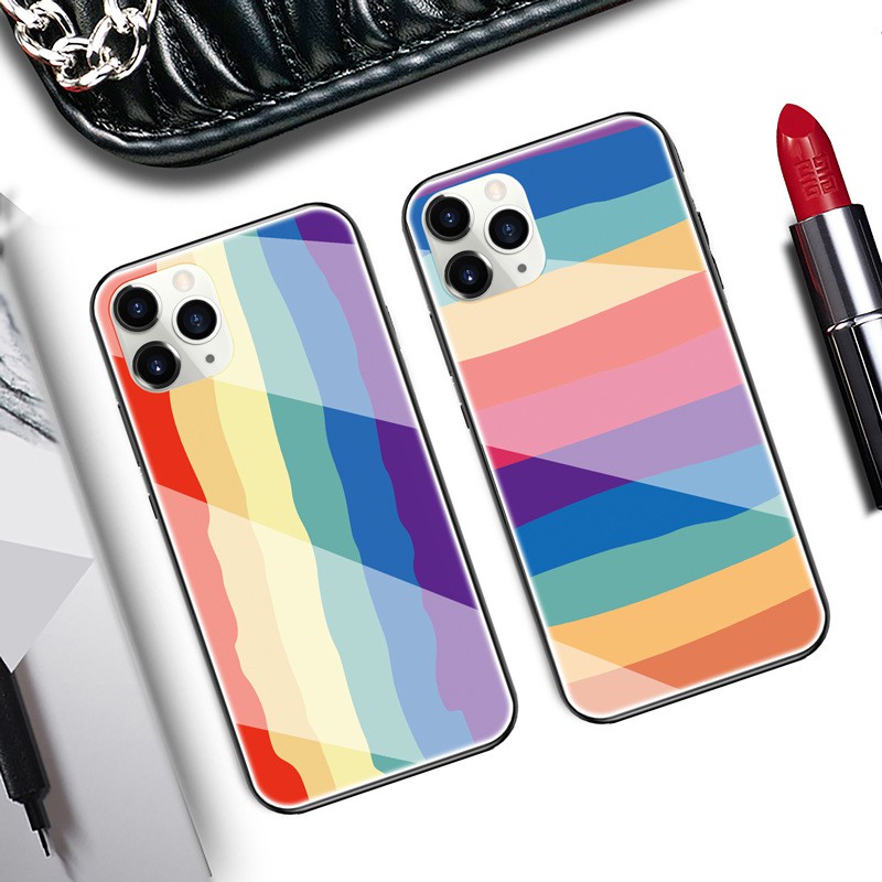 Ốp OPPO A12 A12E A52 A72 A92 A9 A5 2020 Case Colorful Rainbow Stripes Transparent Tempered Glass Cover Ốp OPPO A31 A5S A7S F11 Pro f7 F9 F1s A83 Protection Phone casing