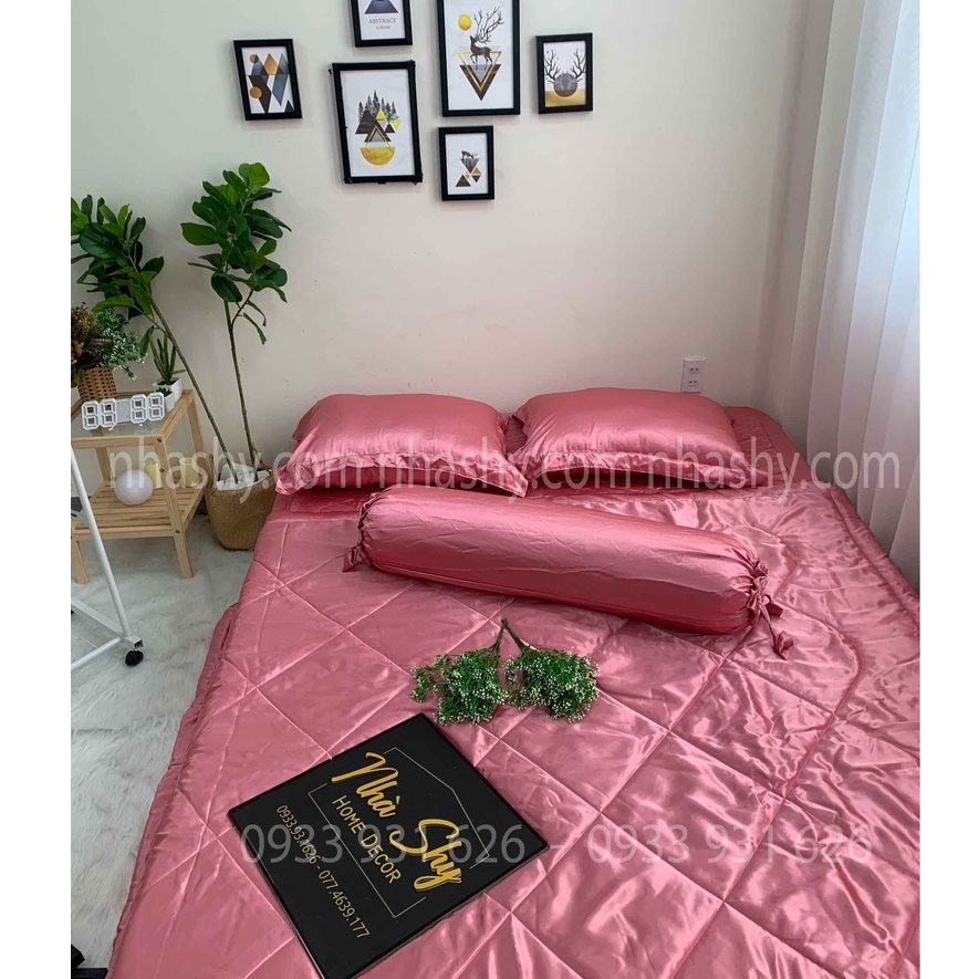 TRỌN BỘ DRAP GIƯỜNG PHI LỤA BÓNG CAO CẤP - MÀU HỒNG ĐẤT - MÃ 05