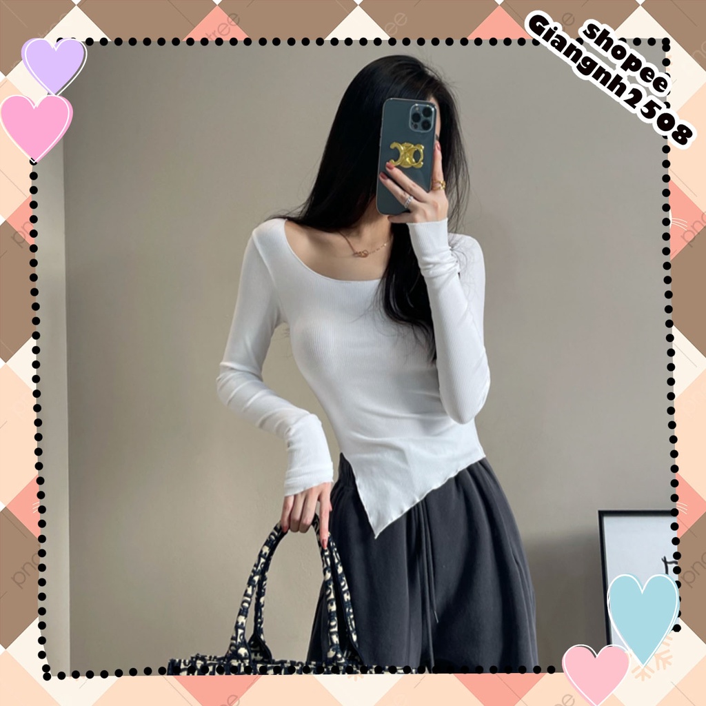 SUA001 Áo thun nữ mặc cổ thuyền hoặc bẹt vai ôm body sexy xẻ vạt lệch Áo phông xám đen trắng trơn dài tay đẹp tiểu thư