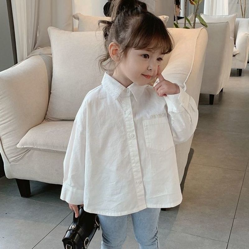 Áo sơ mi tay dài in họa tiết chữ đơn giản phong cách Hàn Quốc thời trang dành cho bé gái