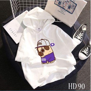 Áo thun HOODIE UNISEX TAY LỠ CÓ NÓN hình chó đội nón