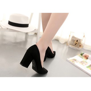 Giày cao gót đế vuông, da lộn 7cm