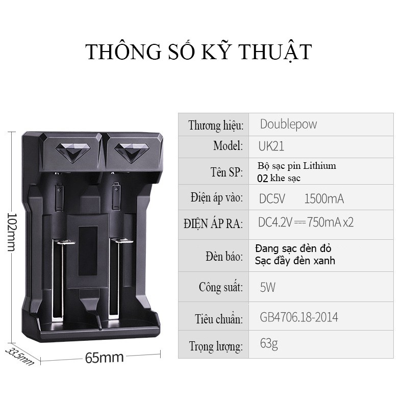 Bộ sạc Pin Lithium 3,7V thông minh Doublepow 2 khe sạc - sạc pin 18650 26650 21700 10440 16340 - UK21 (