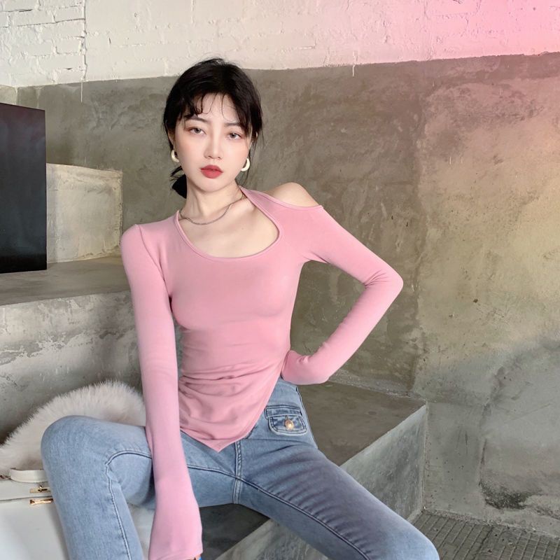 Áo thun COZOK tay dài trễ vai thiết kế lệch một bên quyến rũ hợp thời trang