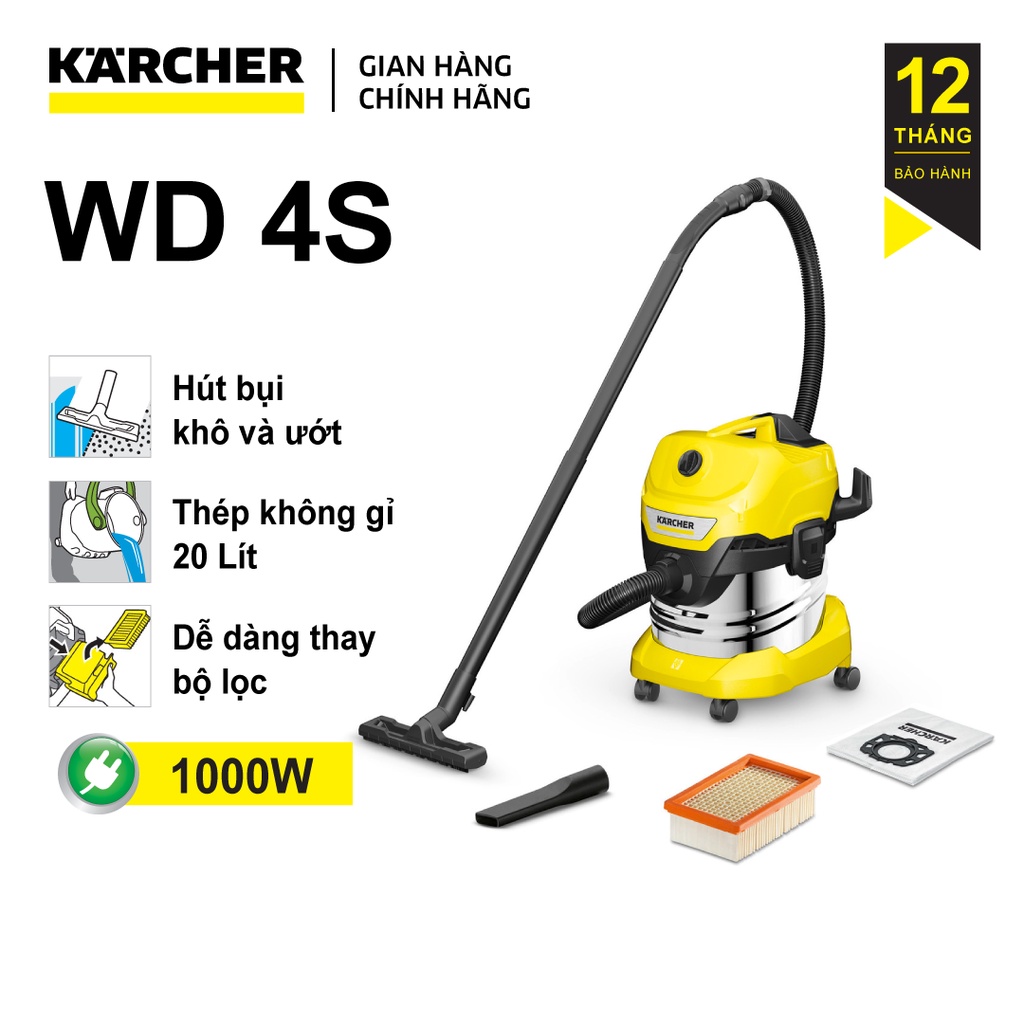 Máy hút bụi khô và ướt Karcher WD 4 S (Dòng cải tiến năm 2022 thay thế máy hút bụi đa năng WD 4 Premium)