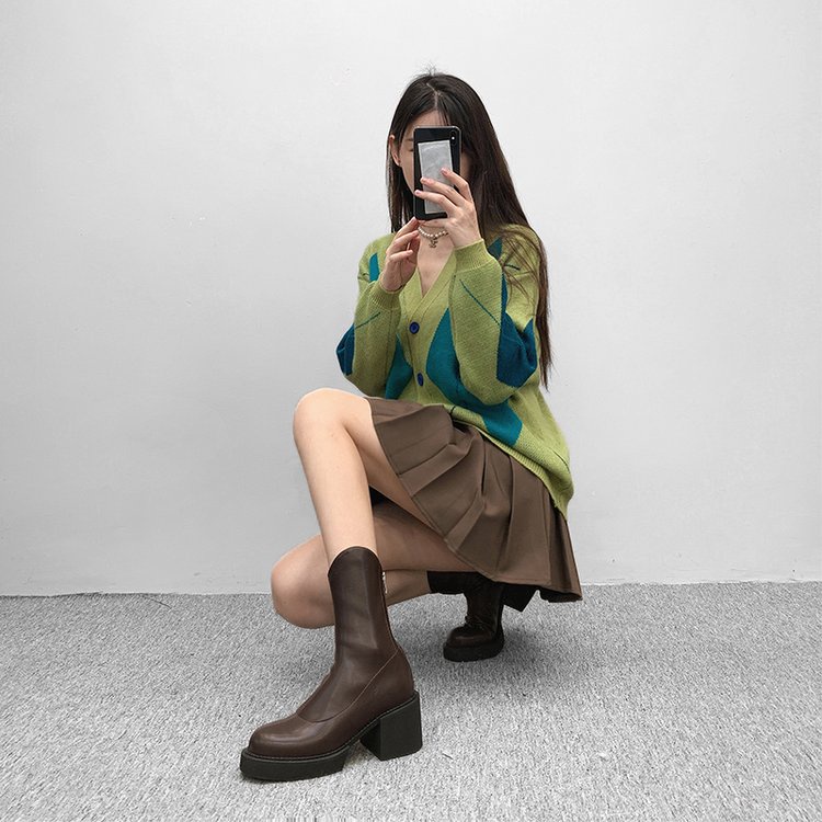 Giày bốt cao gót cổ ngắn mũi tròn phối khóa kéo thời trang cho nữ | BigBuy360 - bigbuy360.vn