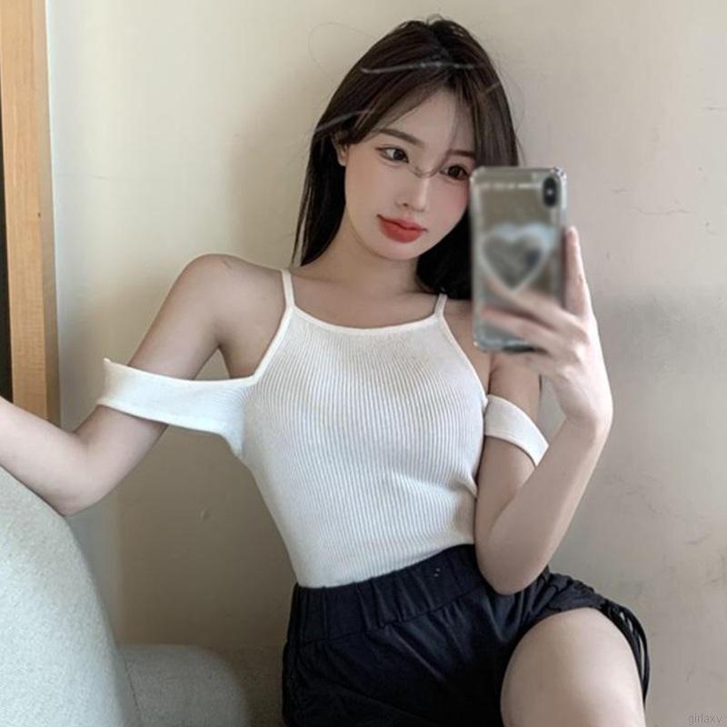 Áo Croptop Dệt Kim Trễ Vai Màu Trơn Đơn Giản Thời Trang Hàn Quốc Cho Nữ