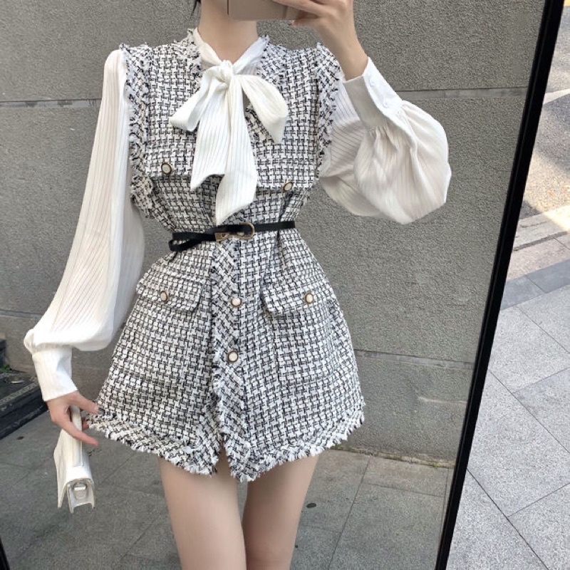 SET ÁO VEST GILE DẠ TWEED VÀ ÁO SƠ MI CỔ BUỘC NƠ KẺ SỌC