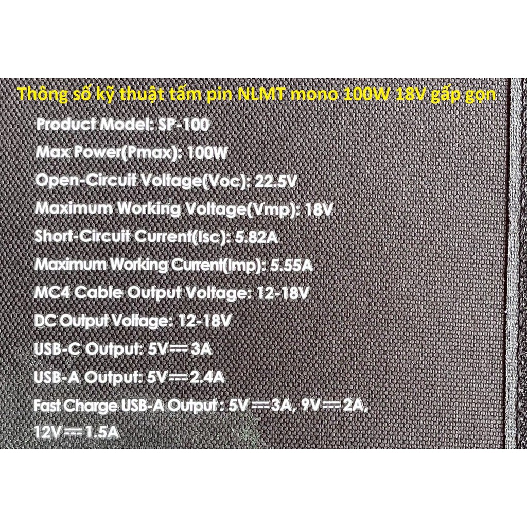 Tấm Pin Năng Lượng Mặt Trời Gấp Gọn Mono 100W 18V (Halo SP-100)