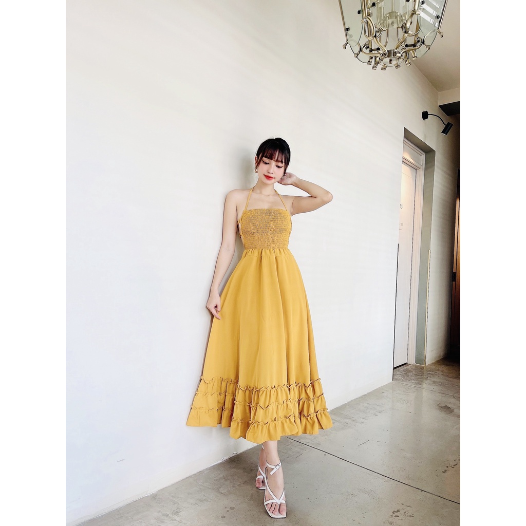 [FREESHIP] Đầm Maxi Vàng Nhún Ngực Hở Lưng