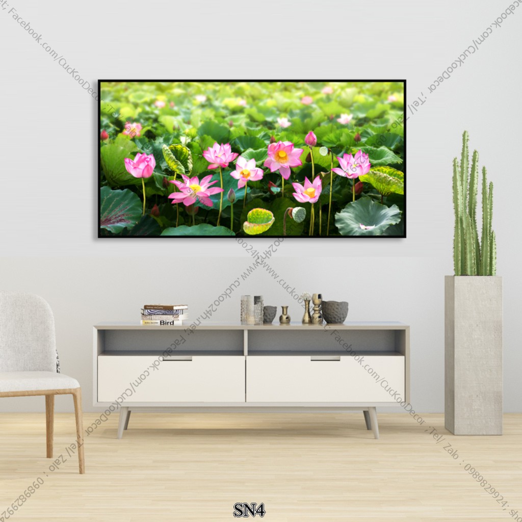 Tranh in canvas - Các Bức sen chữ nhật ngang 60x90cm - full khung và phụ kiện