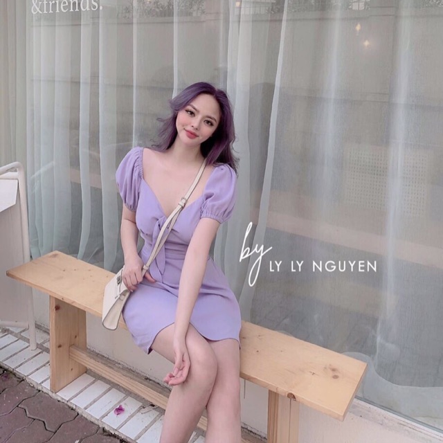 Đầm tay phồng buộc nơ ngực tím hoa cà ☂️☂️☂️gb