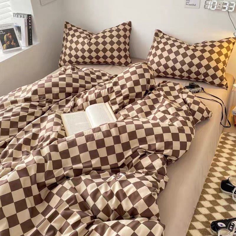 Bộ vỏ chăn ga gối cotton poly QUY Bedding Caro Nâu Mới. Chăn ga gối phong cách Hàn Quốc