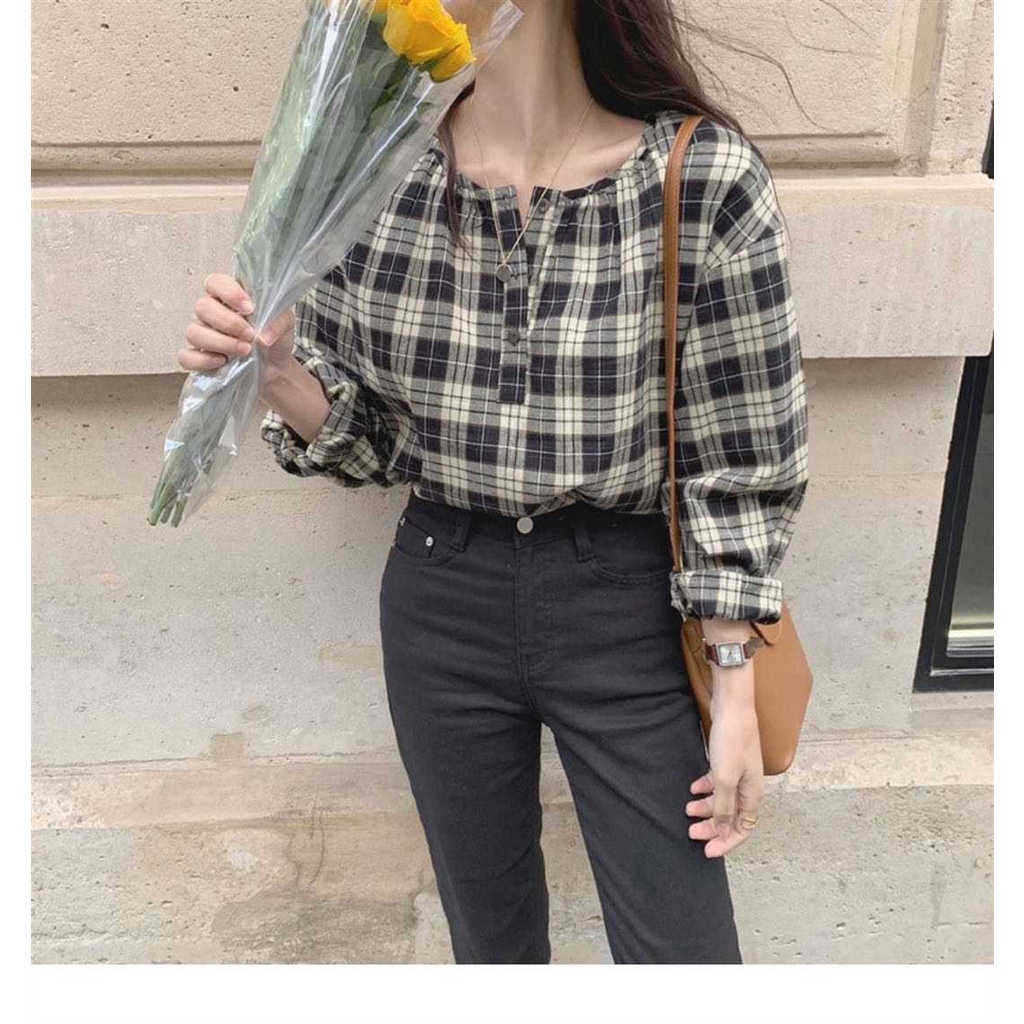 Áo Sơ Mi Caro Dáng Rộng Phong Cách Mùa Thu Mới Dễ Phối Đồ Cho Nữ
