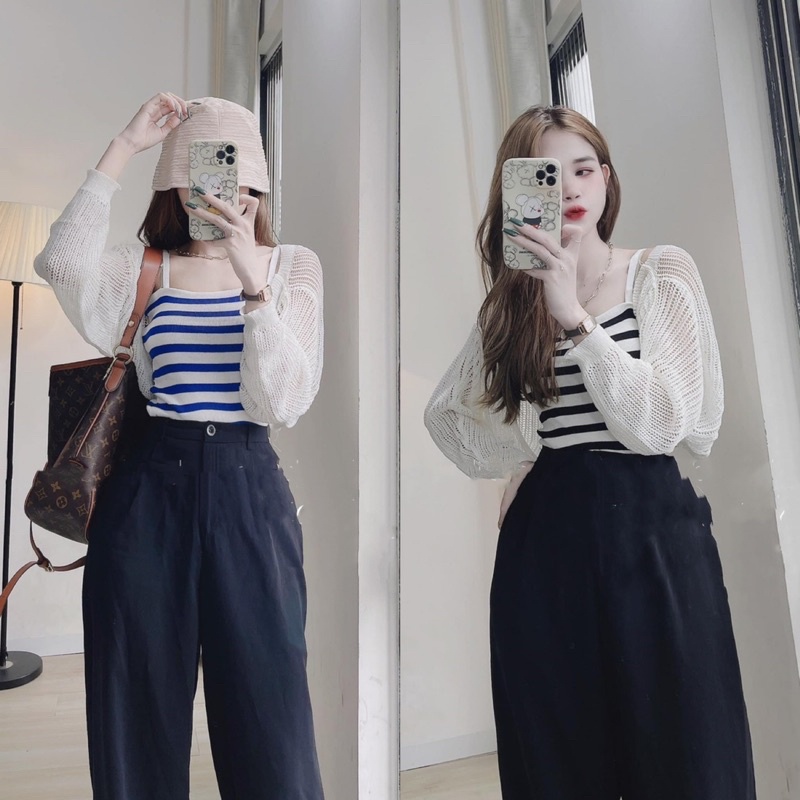 Set áo len 2 dây kẻ croptop kèm khoác len dệt kim siêu xinh