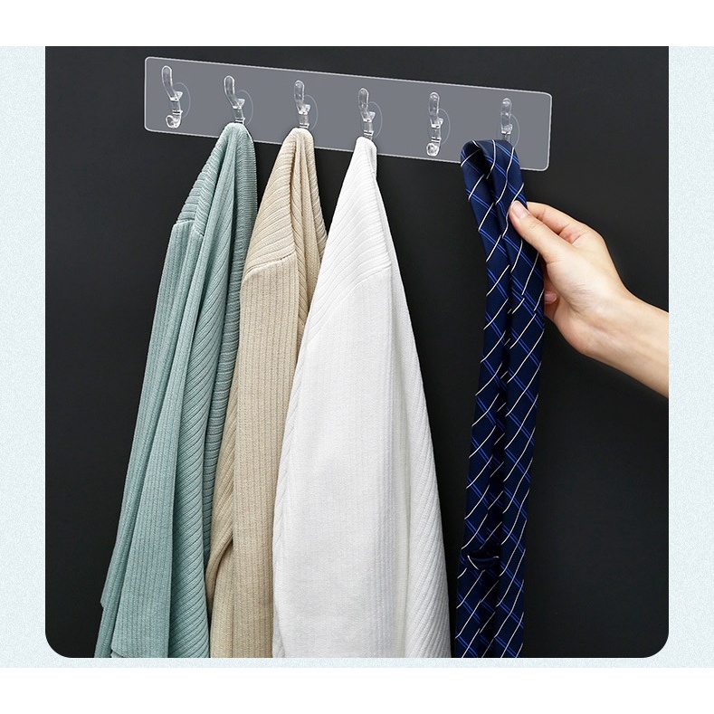 Móc treo quần áo gắn tường không cần khoan- thanh 6 móc treo đồ dán tường chịu lực