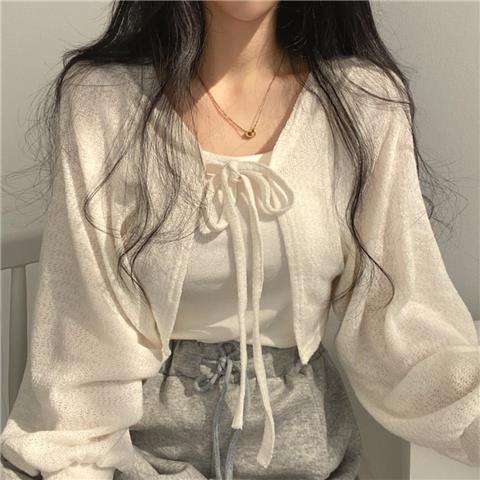 Áo Khoác Cardigan Mỏng Tay Phồng Cột Dây Dáng Ngắn Phong Cách Retro Mùa Hè Dễ Phối Đồ Cho Nữ