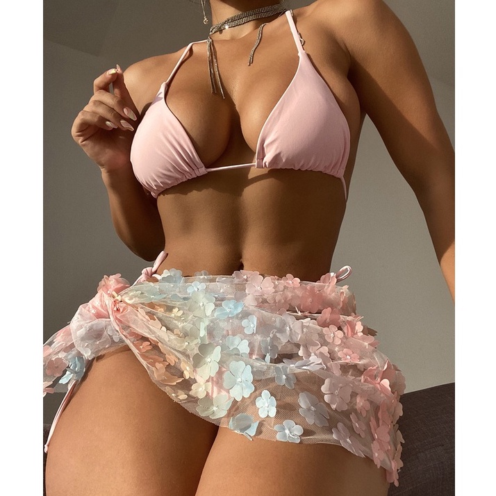 SET BIKINI 3 MÓN HỒNG BABY KÈM KHĂN HÔNG HỒ ĐIỆP OMBRE