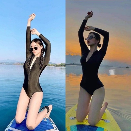 Bikini Đồ bơi nữ liền mảnh bodysuit có tay khoá kéo màu đen cá tính KONKUN MS-01