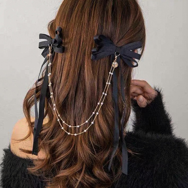 Kẹp tóc ruy băng màu đen thắt nơ phối tua rua thời trang dành cho nữ