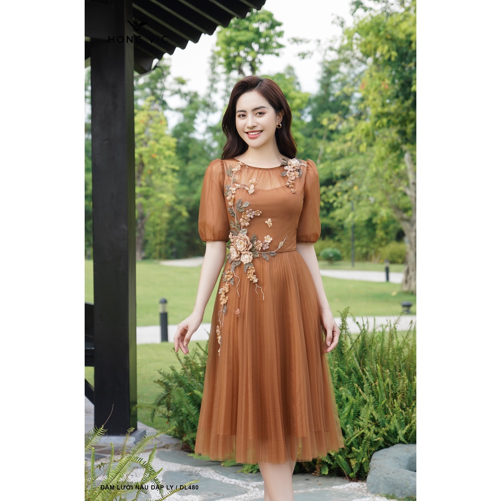 Đầm nữ thiết kế Hong Vic lưới nâu dập ly DL480
