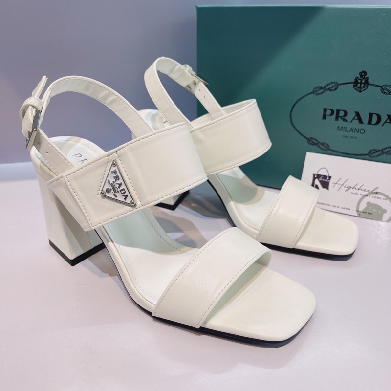 Xăng đan cao gót quảng châu cao cấp PRADA trắng gót vuông 9cm (size 1.5) [Full hộp-Full phụ kiện]