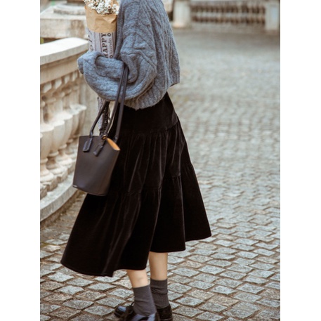Chân váy chữ A dài trung bình màu đen bằng vải nhung dày thời trang thu đông thích hợp cho nữ