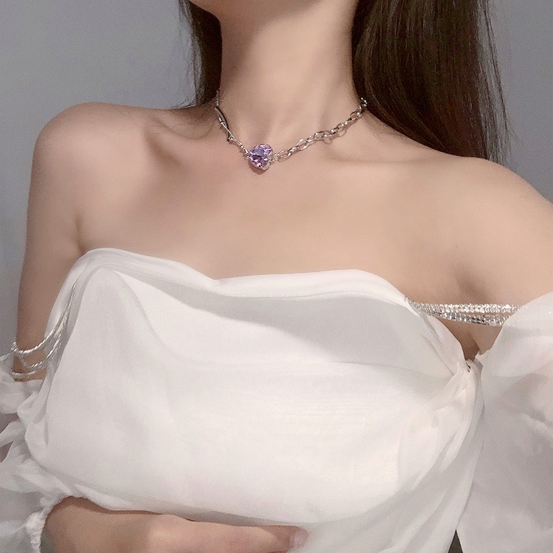 Vòng Cổ Kim Loại Mặt Trái Tim Màu Tím Thời Trang Hàn Quốc Cổ Điển