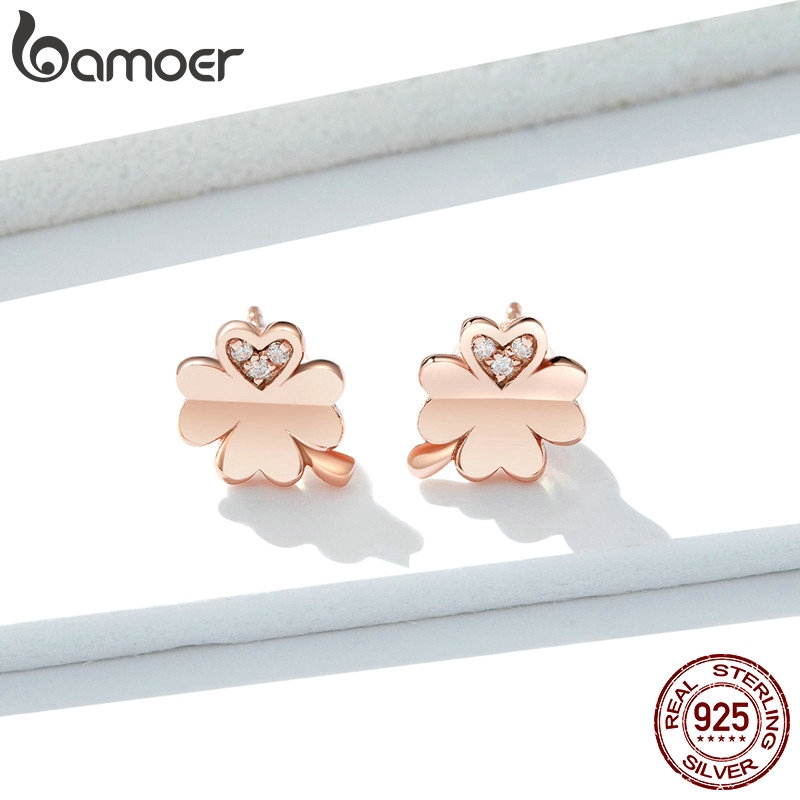 Khuyên tai BAMOER BSE233 bằng bạc 925 chống dị ứng hình cỏ bốn lá đính đá giả thời trang cho nữ
