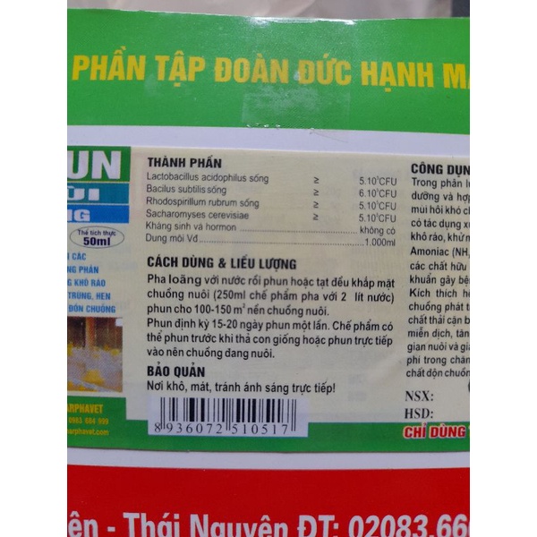 Men phun khử mùi hôi thối nền chuồng chăn nuôi thú cưng, gà đá chọi chim chó mèo, lọ 50ml, men vi sinh