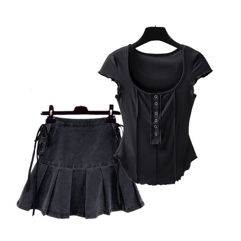Jiashucheng Set Áo Thun Cổ Chữ u Và Chân Váy Jeans Thời Trang Nữ Tính