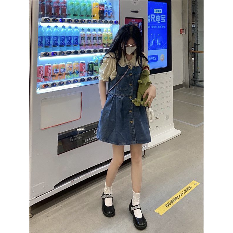 Đầm Yếm Denim Mỏng Thời Trang Mùa set yếm Set Đầm Yếm Denim + Áo Sơ Mi Trắng Không Tay Phong Cách Retro Dành Cho Nữ 2022