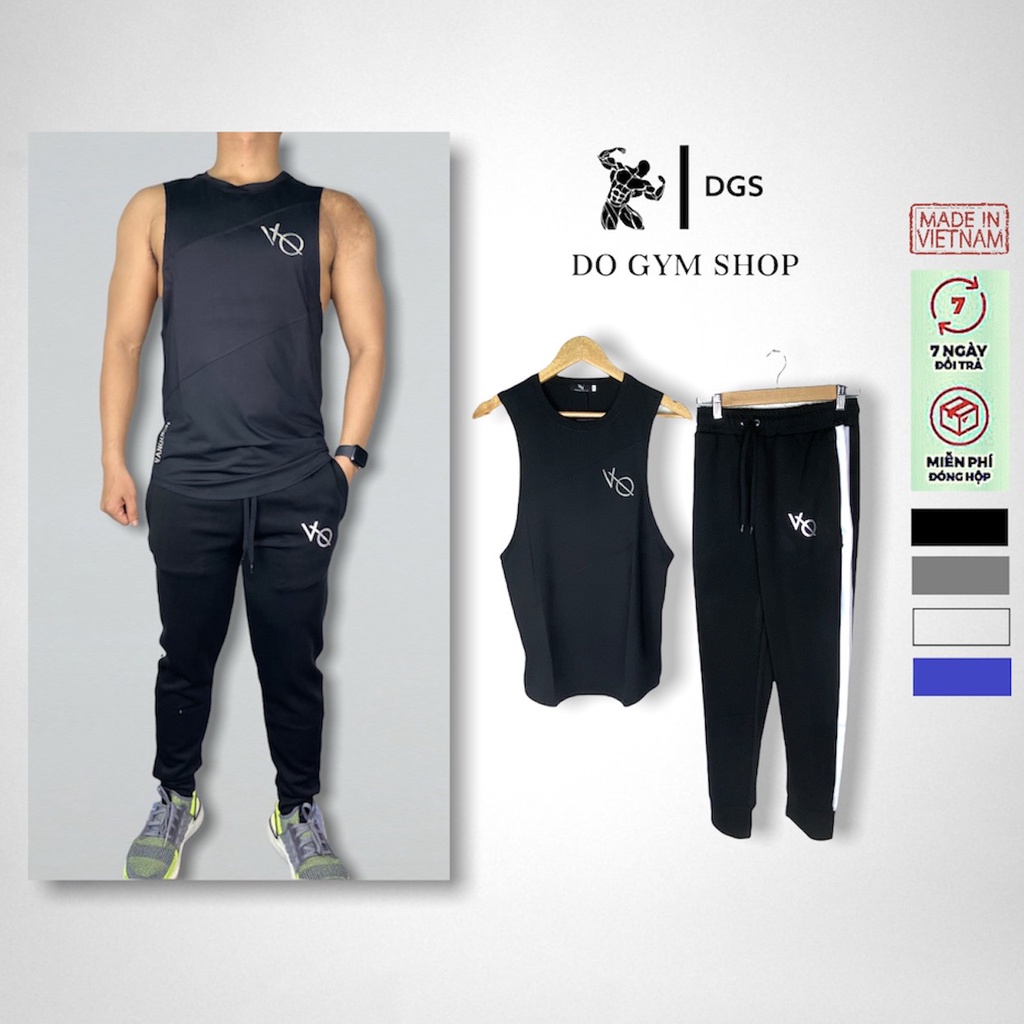 Bộ đồ thun tank top nam thể thao DO GYM SHOP quần kẻ sọc trắng, thun lạnh co giãn 4 chiều thoáng mát