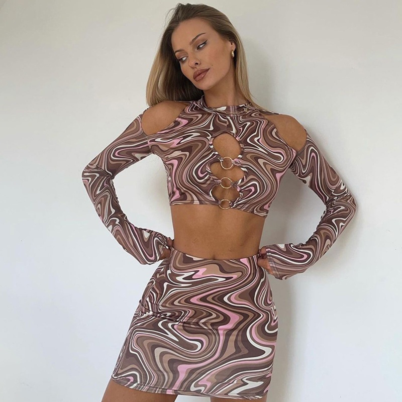 Brroa Set Áo Croptop Dài Tay 2 Dây + Chân Váy Bút Chì Mini Thời Trang Nữ