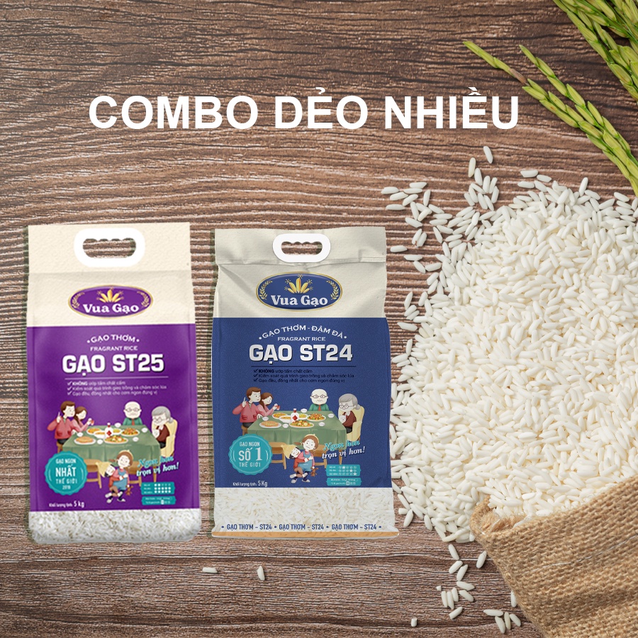 [MUA 3 TẶNG 25K] Combo Gạo ST25 và Gạo ST24 - Chính Hãng Vua Gạo - Túi 5kg (Cam kết date mới)