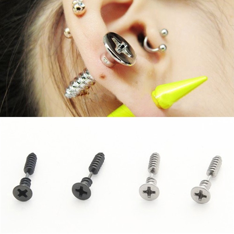 Cặp khuyên tai bằng thép không gỉ thiết kế hình đinh ốc sáng tạo cá tính cho nam và nữ