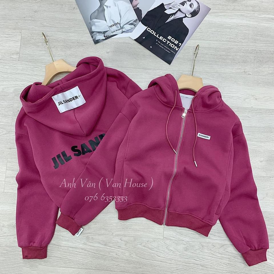 ℡❉✓Áo khoác nữ bomber nỉ kéo khóa có mũ Jil Sander năng động