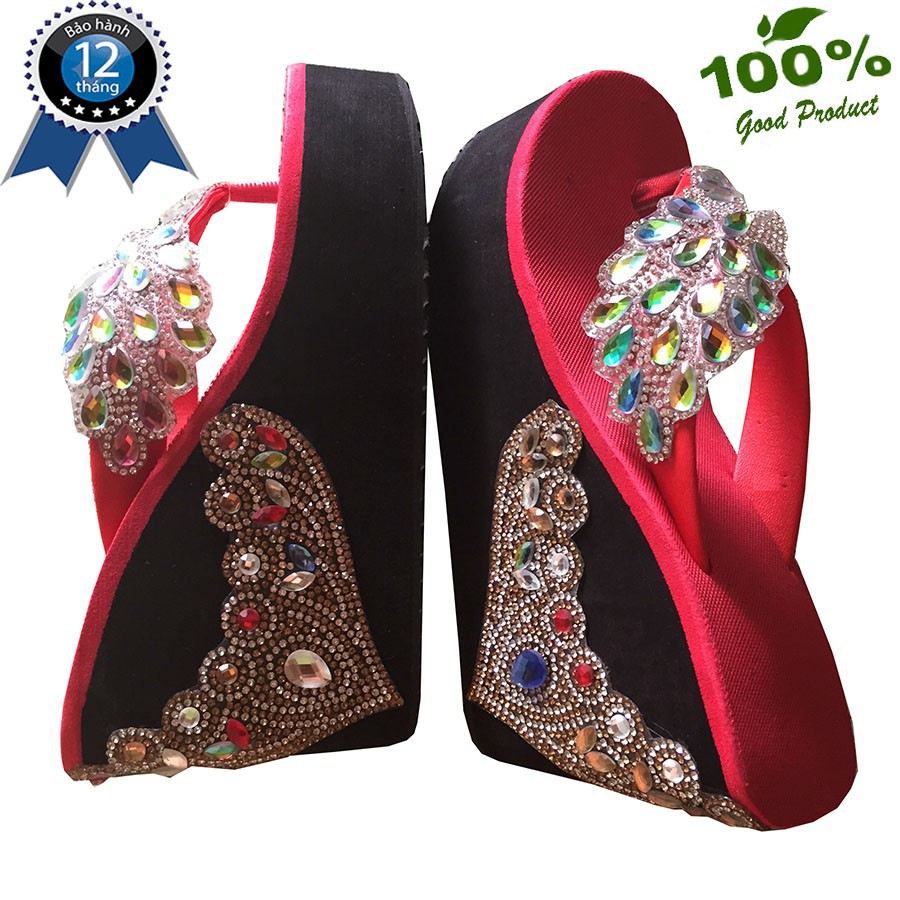 Dép kẹp chim công dán gót vươn miện màu đỏ cao 10cm