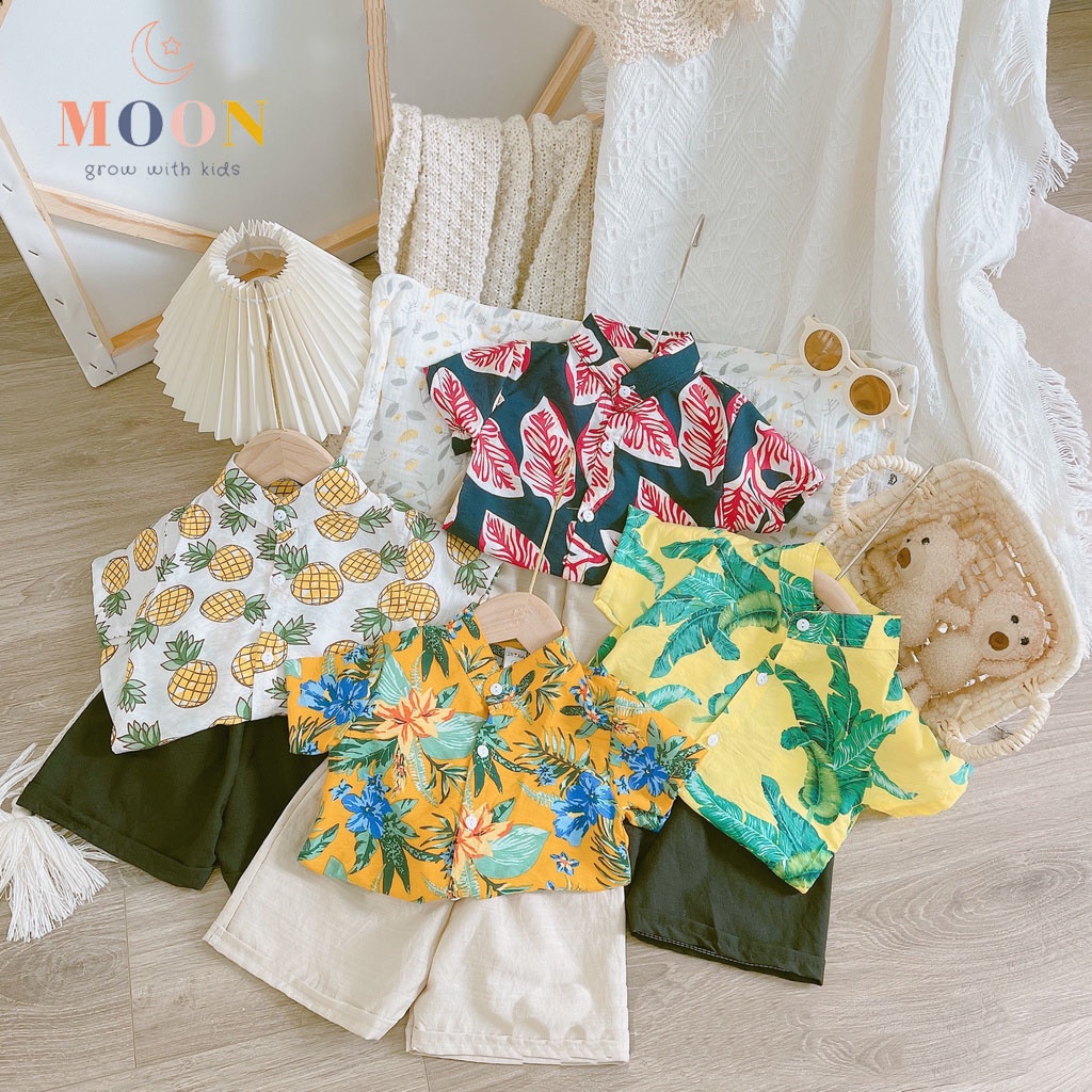 Bộ đi biển bé trai chất đũi cổ trụ in hoa lá mặc mùa hè cho bé trai Moon kids fashion