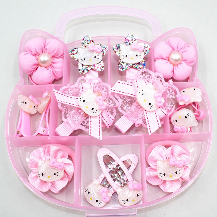 [14 pcs set] Set Dây Buộc Tóc Co Giãn Phối Ren Hoa Màu Hồng Phong Cách Hàn Quốc Cho Bé Gái