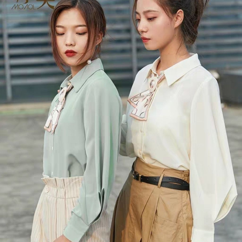 Áo sơ mi nữ công sở cổ nơ đẹp Daudoo Boutique freesize QATE A4