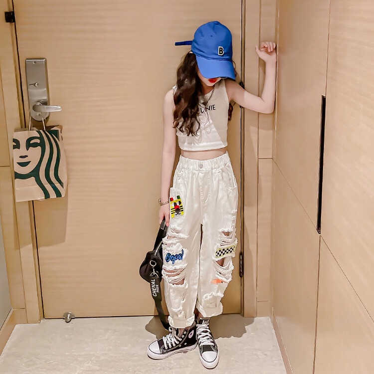 Set Áo Thun Không Tay Kèm Quần Jeans Rách Thời Trang Mùa Hè Cho Bé Gái 170 Độ